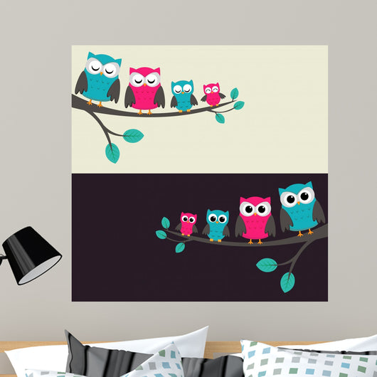 Family of Owls Sitting on a Branch Wall Mural