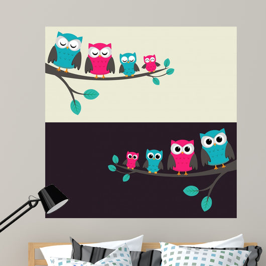 Family of Owls Sitting on a Branch Wall Mural