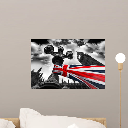 Big Ben with colorful flag of England, London, UK Wall Mural