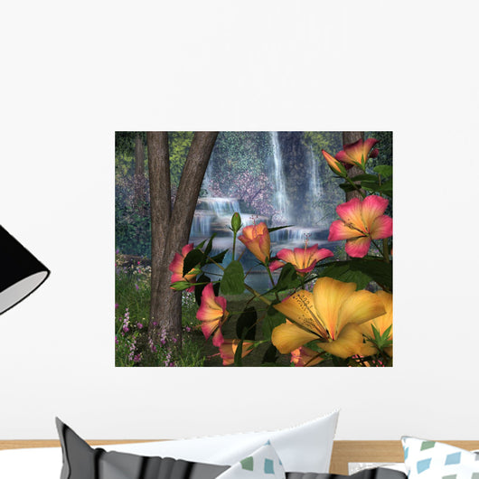 Hibiscus Flowers with Waterfalls Wall Mural