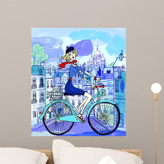Watercolor Parisian Woman on Bike (Mini) Wall Decal