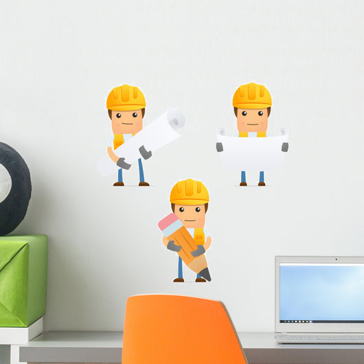 Cartoon Construction Worker 3 Wall Decal Set