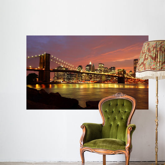 Brooklyn Bridge with city skyline at night Wall Mural