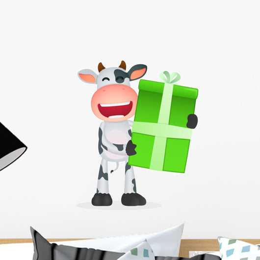 Cartoon Cow with Present Wall Decal