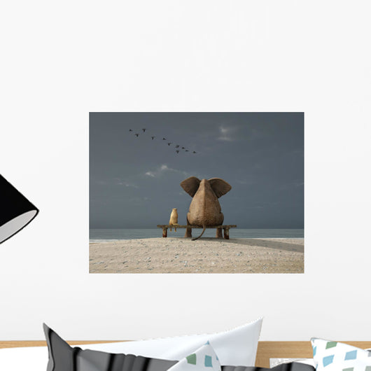 Elephant And Dog Sitting on Bench Wall Decal