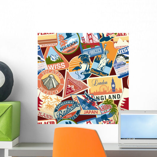 Vintage Travel Stickers Seamless Wall Decal
