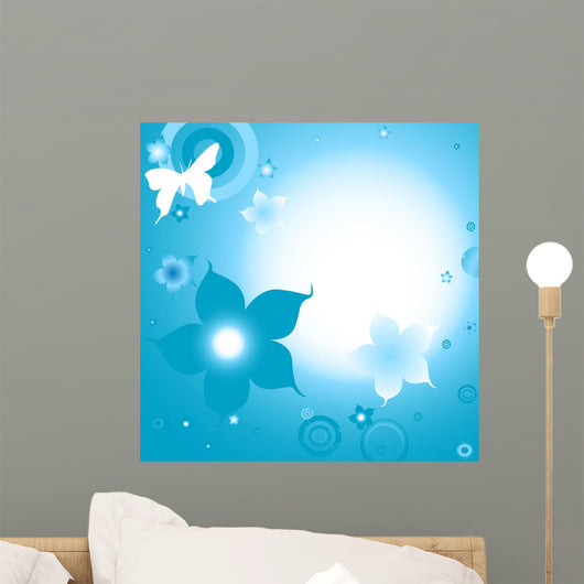Design With White Butterfly And Blue Flowers Wall Decal
