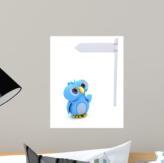 Cute Blue Bird Character and White Post Sign Wall Decal