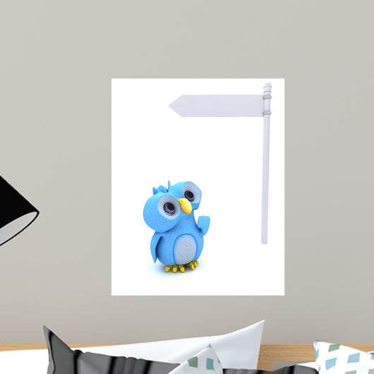Cute Blue Bird Character and White Post Sign Wall Decal