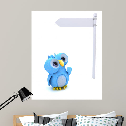 Cute Blue Bird Character and White Post Sign Wall Decal