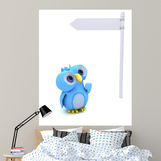 Cute Blue Bird Character and White Post Sign Wall Decal