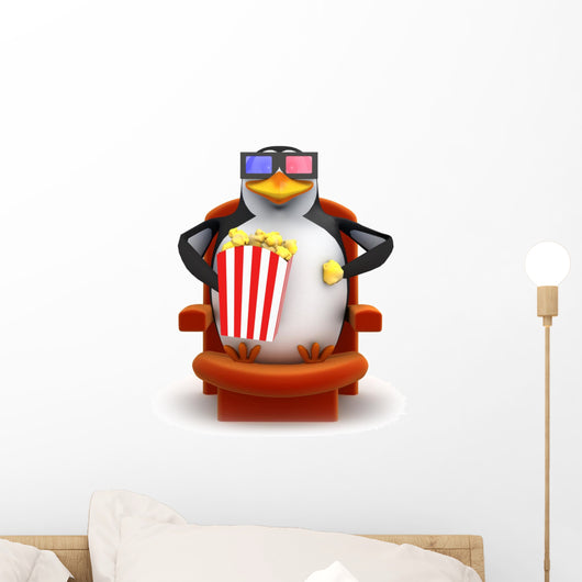 3D Penguin Eats Popcorn Wall Decal