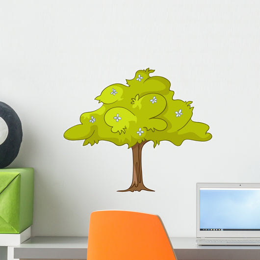 Green Tree with White Flowers Illustration Wall Decal
