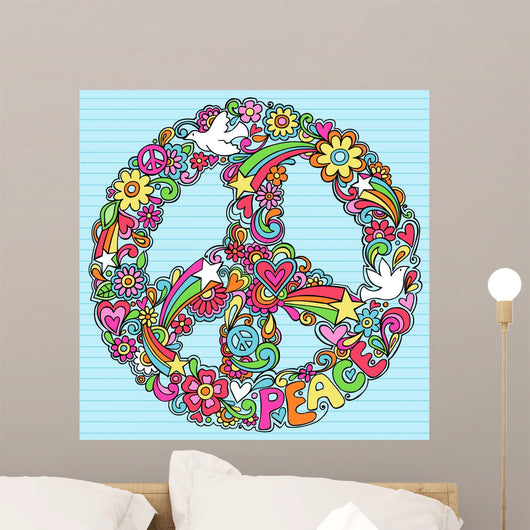Psychedelic Peace Sign on Blue Line Background Wall Decal