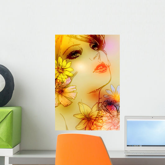 Spring Girl with Flowers Vector Wall Decal