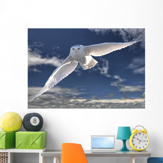 Snowy Owl Flight Against Blue Sky Wall Decal