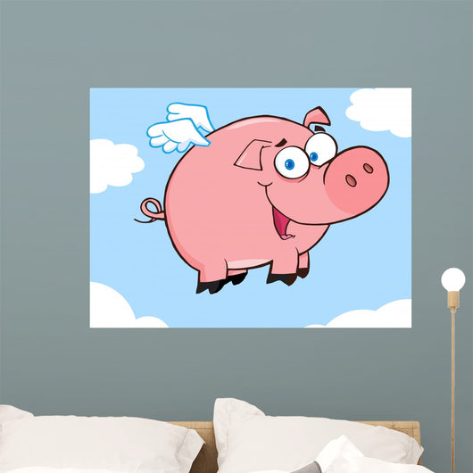 Happy Pig Flying in a Sky Wall Mural