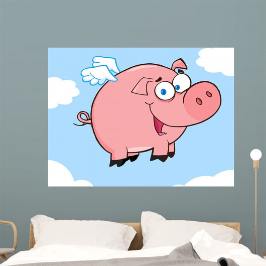 Happy Pig Flying in a Sky Wall Mural