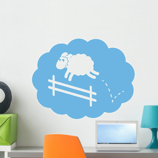 Sheep jumping over a fence in a cloud sleep bubble. Wall Decal