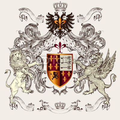 Beautiful heraldic design with shield, crown, griffin and lion Wall Mural