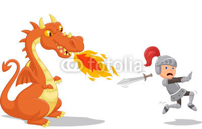 Cartoon of a knight running from a fierce dragon Wall Decal