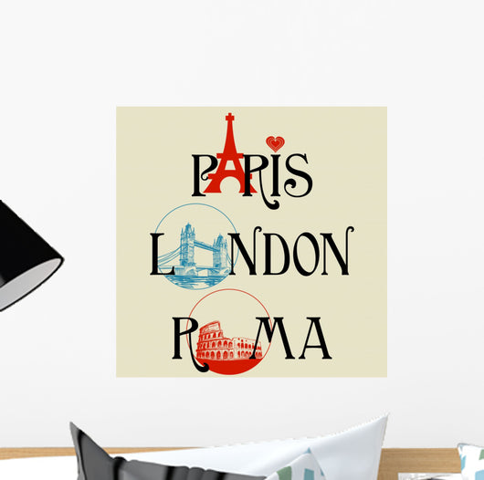 Paris, London, Roma lettering Wall Mural
