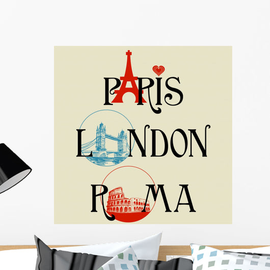 Paris, London, Roma lettering Wall Mural