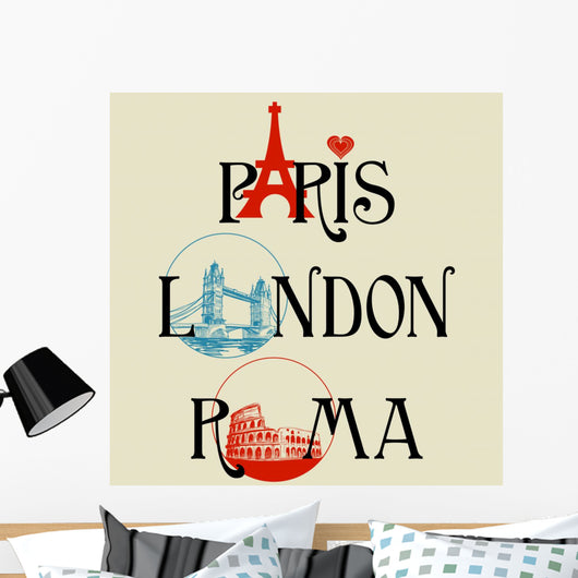 Paris, London, Roma lettering Wall Mural