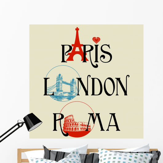 Paris, London, Roma lettering Wall Mural