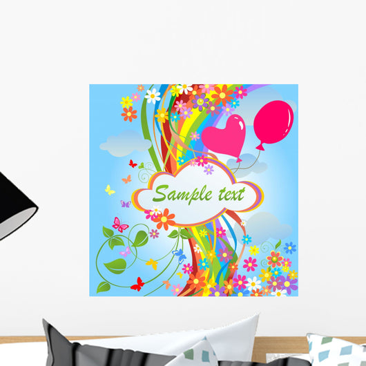 Banner with flowers and rainbow Wall Mural