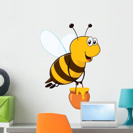 Vector happy bee flying with a brimful jar of delicious honey Wall Decal