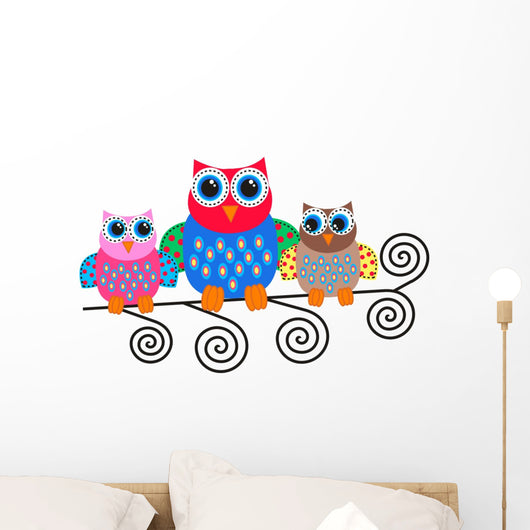 Colorful Family of Cartoon Owls Wall Decal