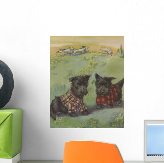 Two black Scottie dogs wearing plaid coats in grassy field Wall Mural
