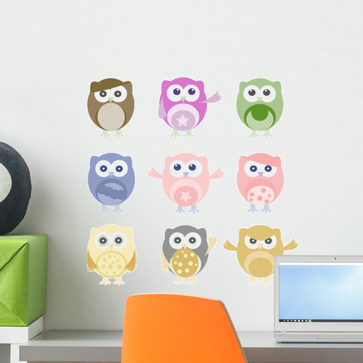 Nine Pastel Owls Wall Decal
