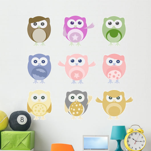 Nine Pastel Owls Wall Decal