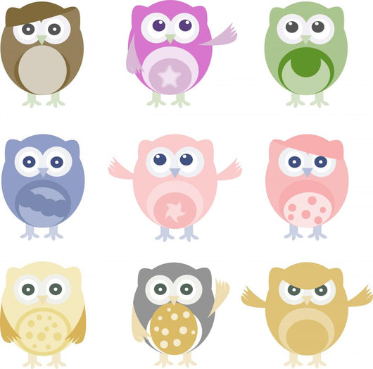Nine Pastel Owls Wall Decal