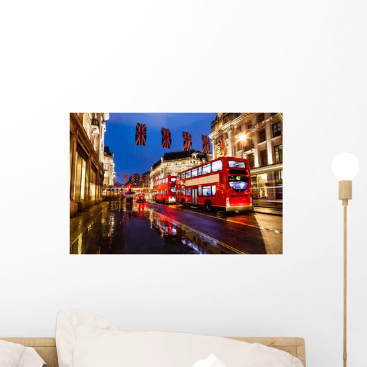 Red Bus Rainy Street Wall Decal