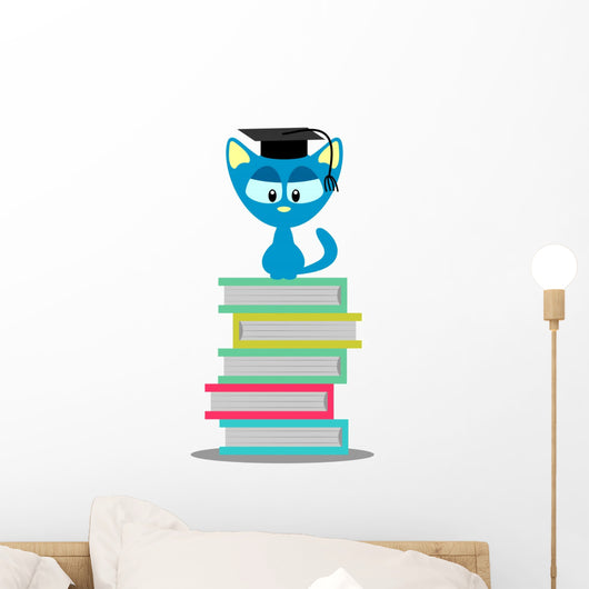 Cute Kitty Sitting Books Wall Decal