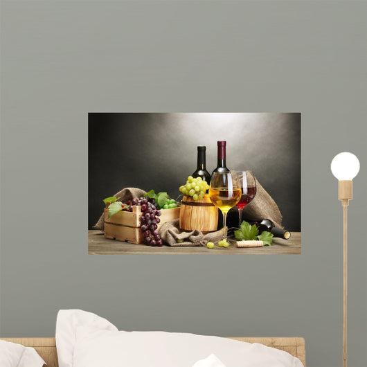 Wine Barrel Bottles and Glasses on a Table Wall Decal
