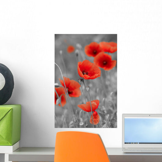 Red Poppies on Black and White Background - Vertical Wall Decal