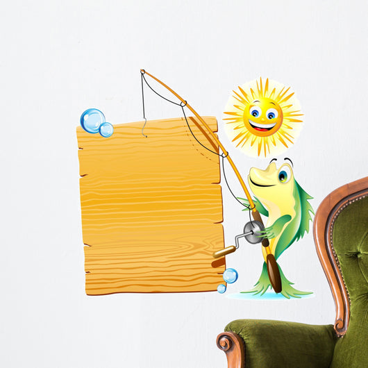 Fisherman with fish-Panel Cartoon Fisher Fish with Panel Wall Decal