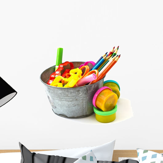 Colorful pencils, molding dough, cutters for children isolated o Wall Decal