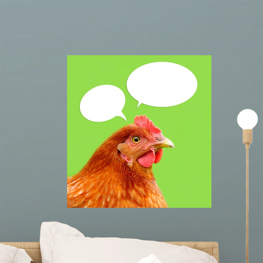 Red Chicken with Thought Balloons on Green Background Wall Mural