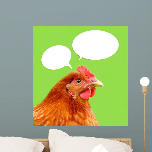 Red Chicken with Thought Balloons on Green Background Wall Mural