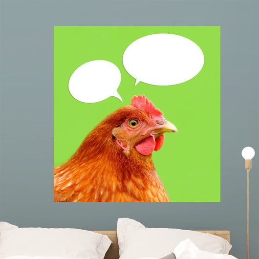 Red Chicken with Thought Balloons on Green Background Wall Mural