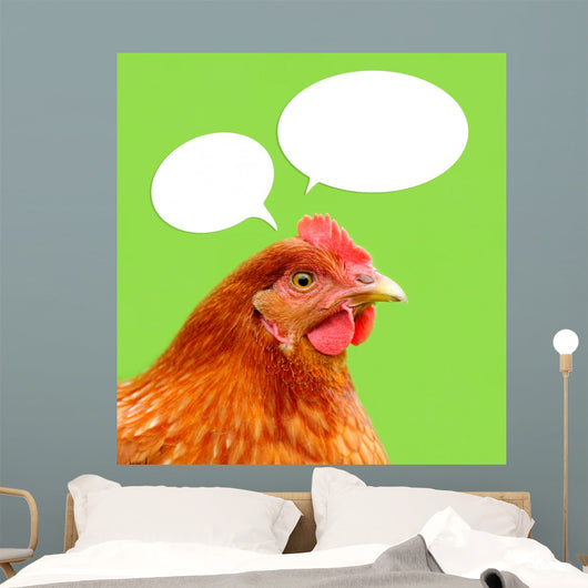Red Chicken with Thought Balloons on Green Background Wall Mural