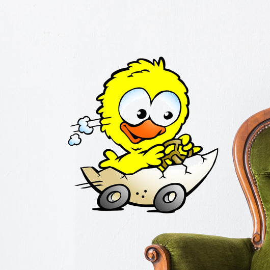 illustration of an cute baby chicken driving in a eggshell Wall Decal