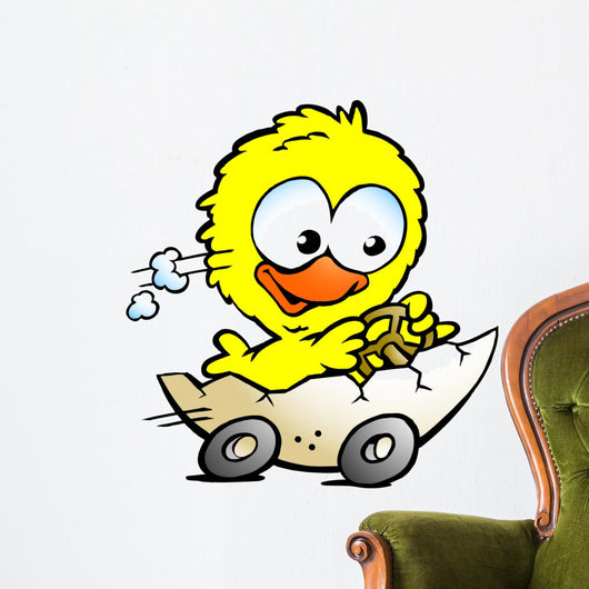illustration of an cute baby chicken driving in a eggshell Wall Decal