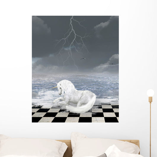 Unicorn Sits Surreal Seascape
