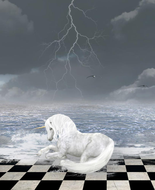 Unicorn Sits Surreal Seascape